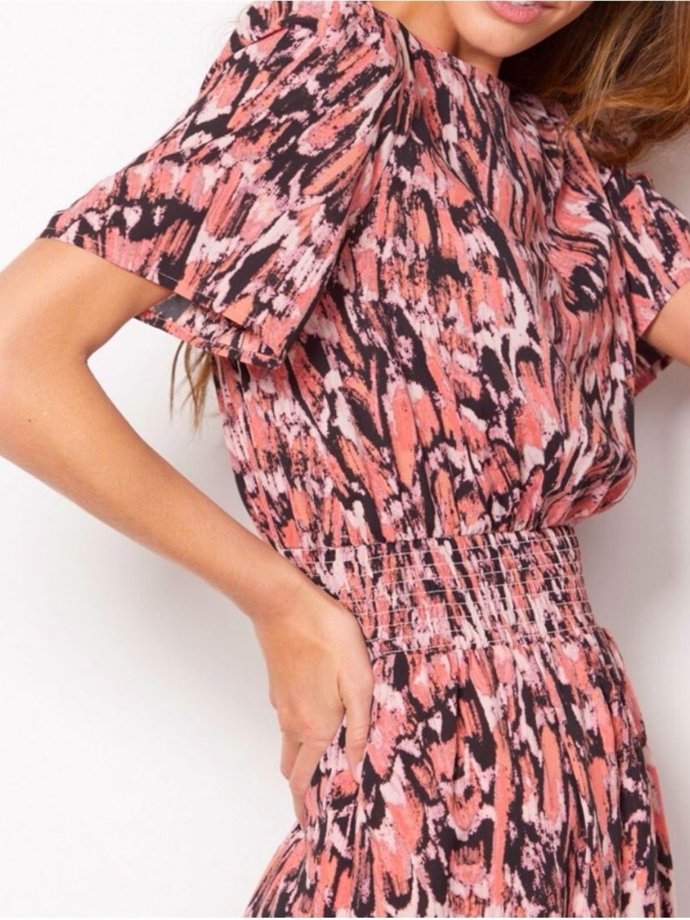 EVEREVE | Pink Abstract Print Midi Dress | Elastic Waist | Size = XS